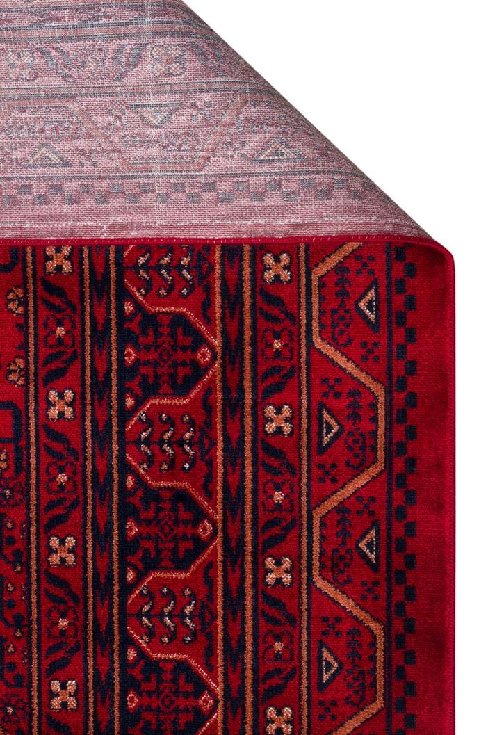 HERAT HER 04 RED Afgan Desenli Viskon Sıkı Dokuma Kaymaz Tabanlı İnce Makine Halısı
