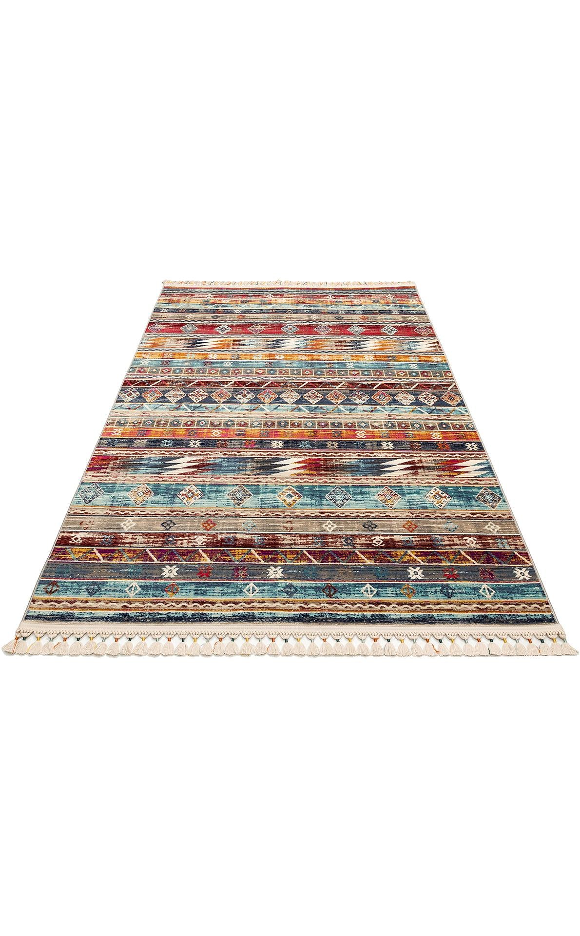 PETRA PR 03 MULTY Hav Toz Vermez Etnik ve Modern Desenli Renkli Saçaklı Halı