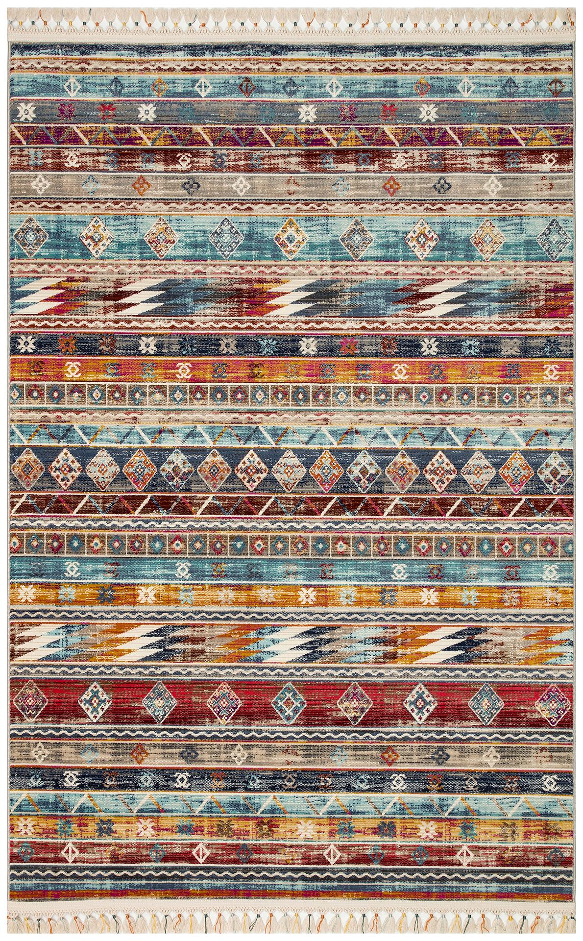 PETRA PR 03 MULTY Hav Toz Vermez Etnik ve Modern Desenli Renkli Saçaklı Halı