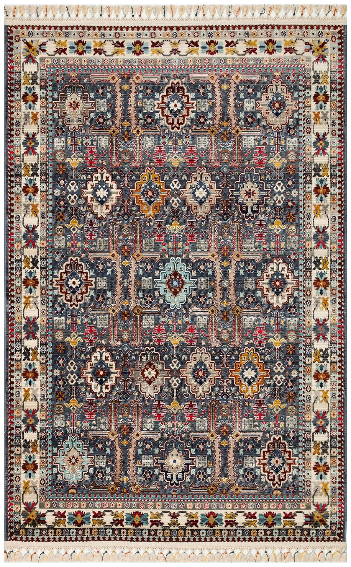 PETRA PR 07 MULTY Hav Toz Vermez Etnik ve Modern Desenli Renkli Saçaklı Halı