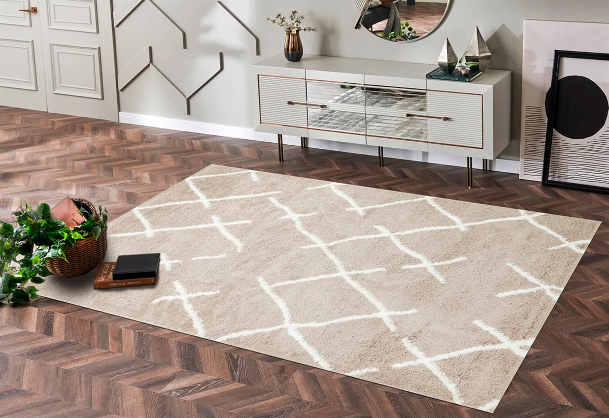 RIGA RG 01 BEIGE WHITE Hav Toz Vermez Ekstra Yumuşak Dokulu Makine Halısı