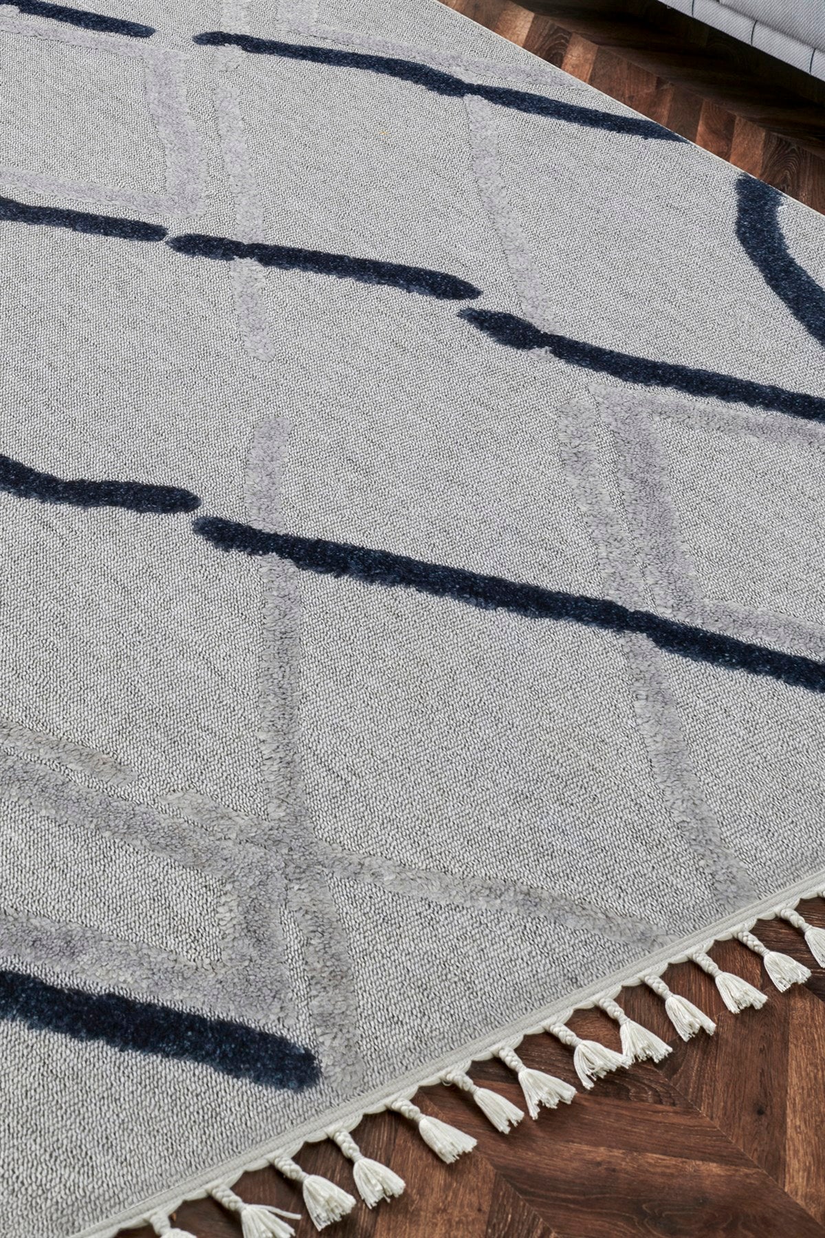 TERAZZO TRZ 03 GREY NAVY Hav Toz Vermez Yumuşak Dokulu Etnik Örgü Desenlere Sahip Modern İskindinav Halı