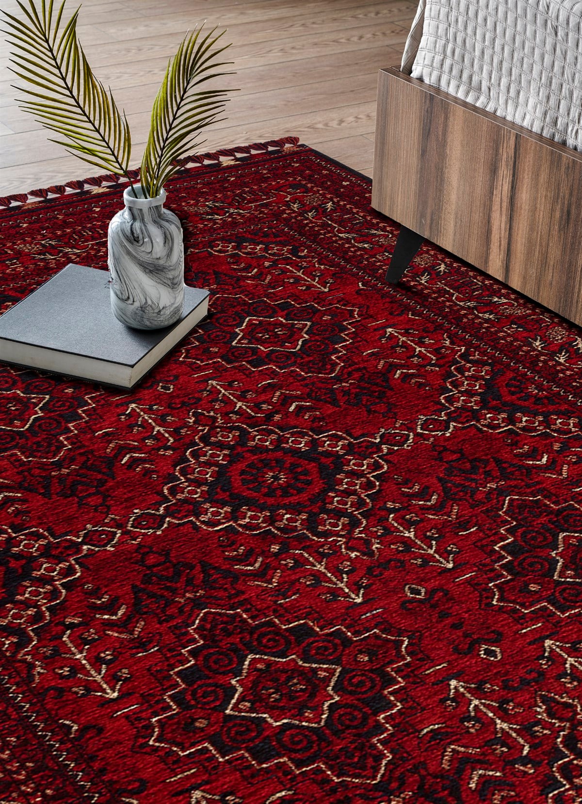 BUHARI BHR 05 RED  Afgan / Yağcıbedir Desenli Hav Toz Vermez Yıkanabilir Kaymaz İnce Dokuma Halı