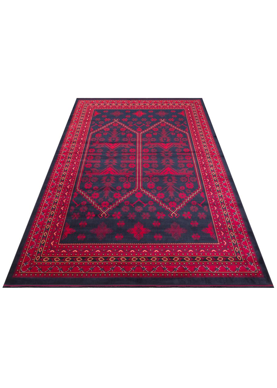 HERAT HER 01 NAVY  Afgan Desenli Viskon Sıkı Dokuma Kaymaz Tabanlı İnce Makine Halısı