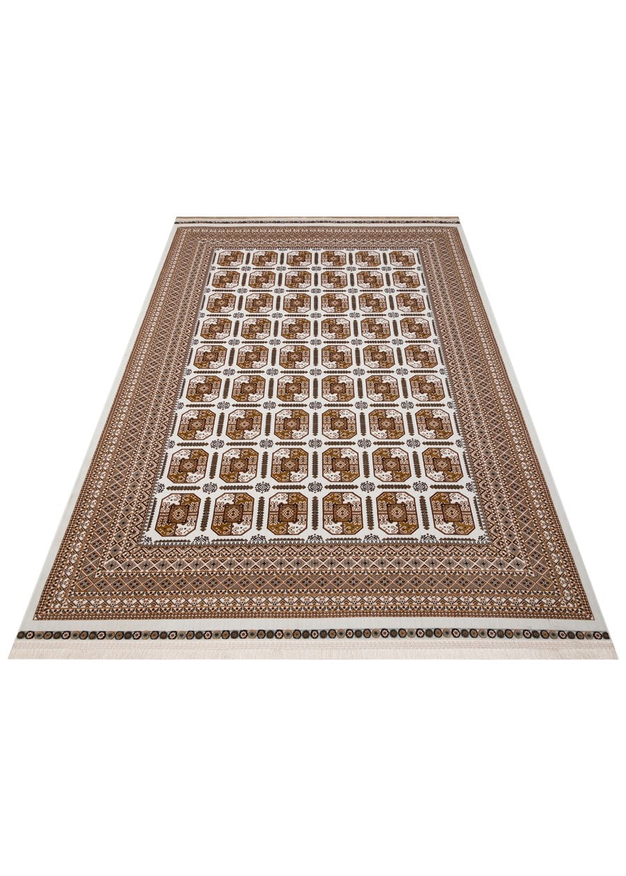 SATEEN AFGHAN SFG 02 BEIGE  Yıkanabilir Afgan Desenli Hav Toz Vermeyen Kaymaz Tabanlı Sık Dokuma Halı