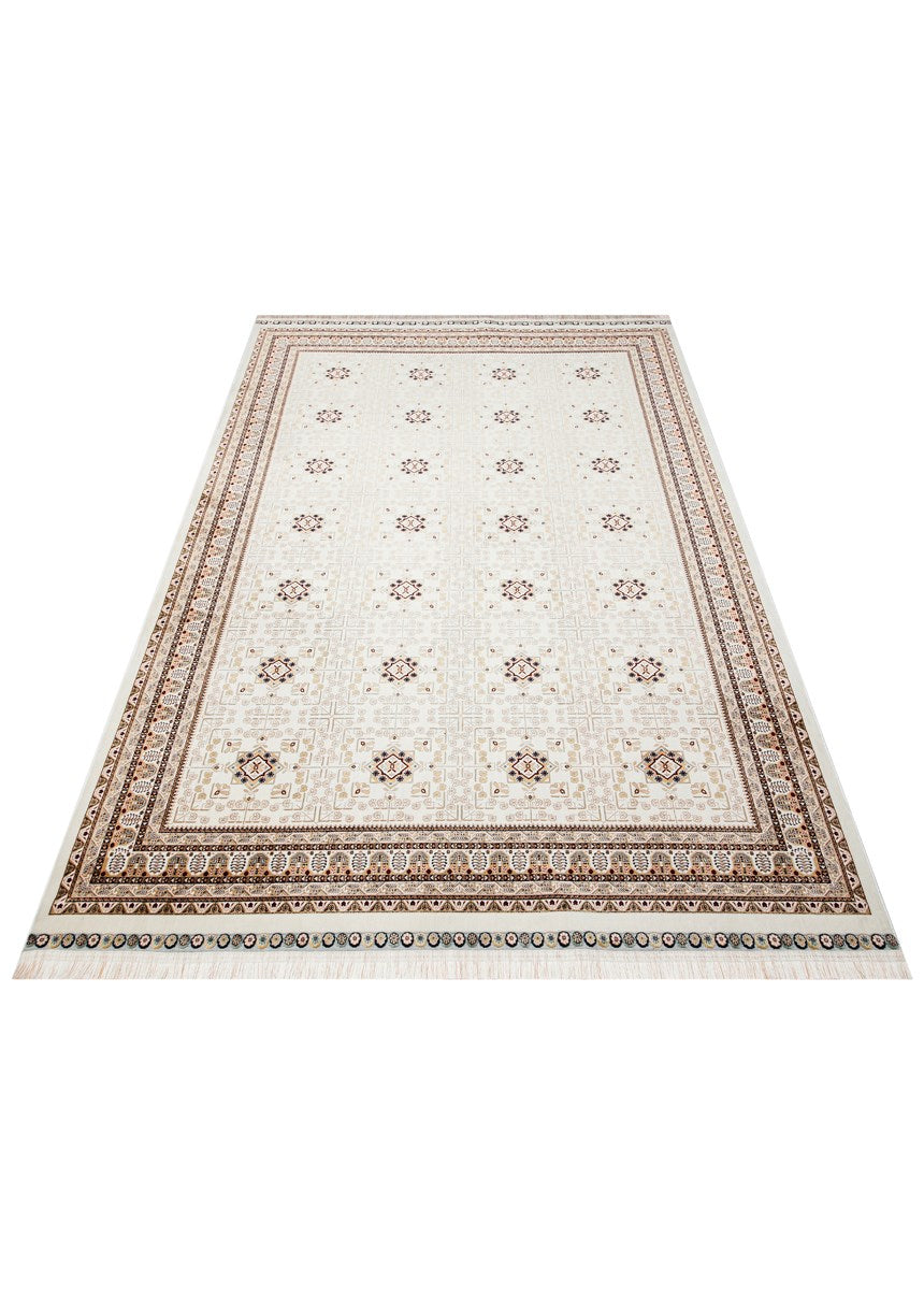 SATEEN AFGHAN SFG 03 BEIGE  Yıkanabilir Afgan Desenli Hav Toz Vermeyen Kaymaz Tabanlı Sık Dokuma Halı