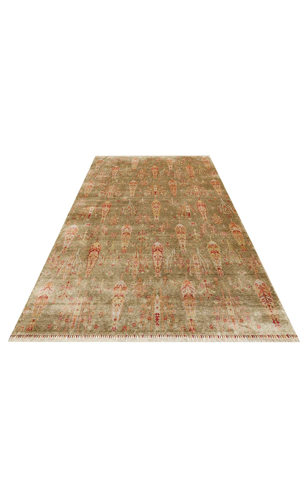 ZARA ZR 08 GREEN AUTUMN  Otantik Desenli Özel Hav Vermeyen ve Kolay Temizlenebilir Tensel Kullanılarak El Emeği ile Özel Tezgahlarda Üretilen Modern Uşak Halısı