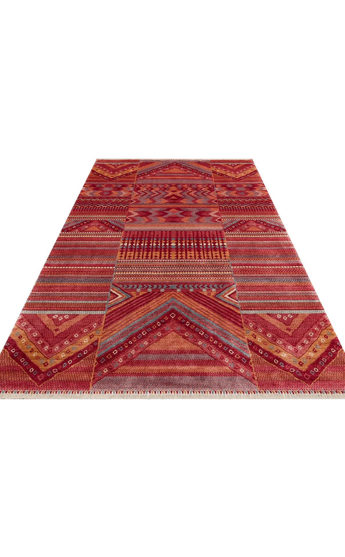 ZARA ZR 18 RED MULTY  Otantik Desenli Özel Hav Vermeyen ve Kolay Temizlenebilir Tensel Kullanılarak El Emeği ile Özel Tezgahlarda Üretilen Modern Uşak Halısı